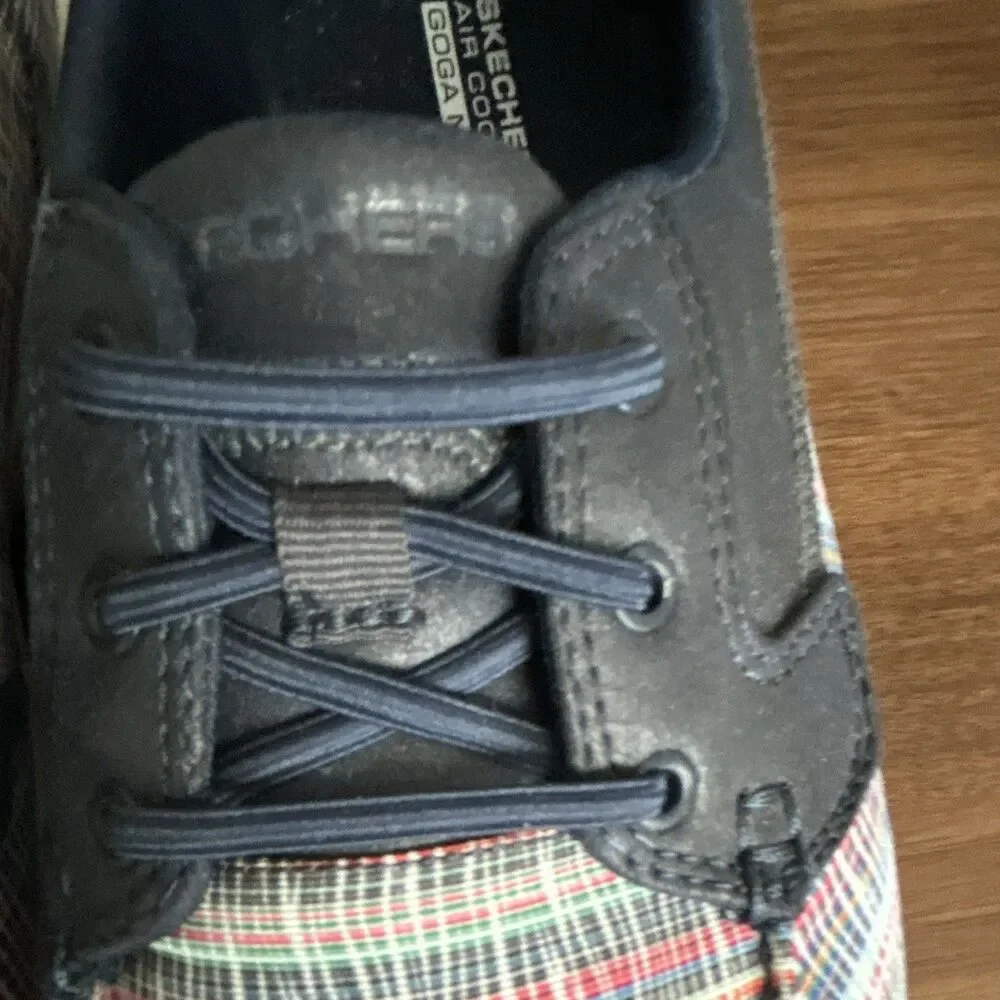 Skechers On-The-Go GOga Mat Comfort Plaid Navy Textile Lace-Up Sneaker 9.5